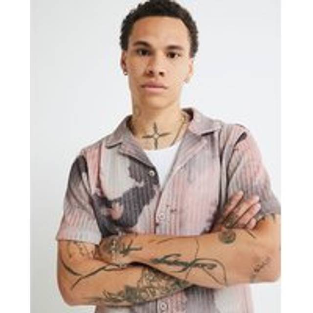 Mens River Island Pink Regular Fit Printed Crochet Shirt