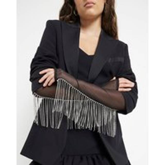 River Island Womens Black Diamante Fringe Mesh Long Gloves - One Size