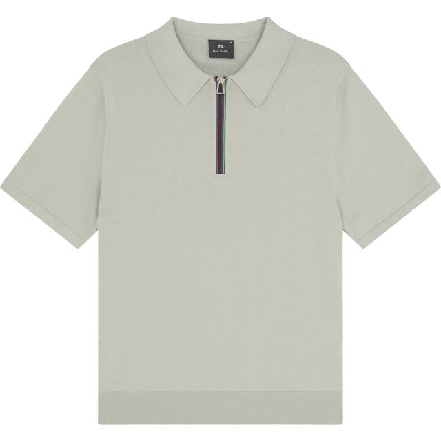 PS Paul Smith Mens Sports Stripe Zip Knitted Cotton Polo Shirt - Colour: 70 Grey - Size: Medium - All Clothing