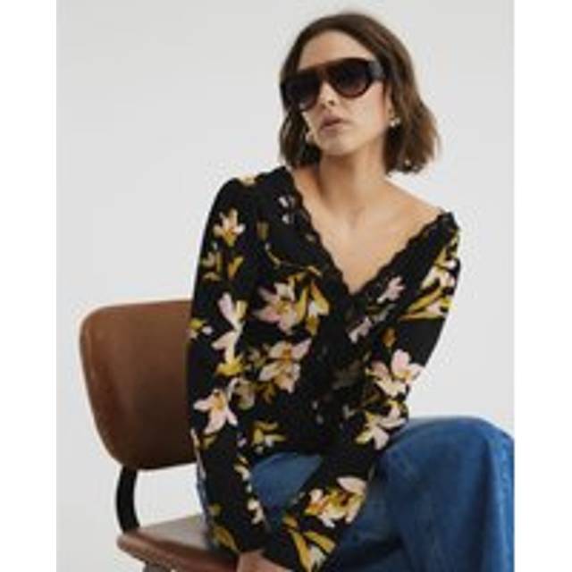 River Island Womens Black Long Sleeve Floral Lace Trim Top - 18
