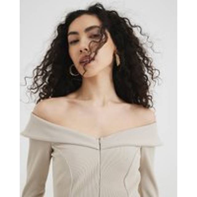River Island Womens Beige Long Sleeve Ribbed Zip Front Bardot Top - M