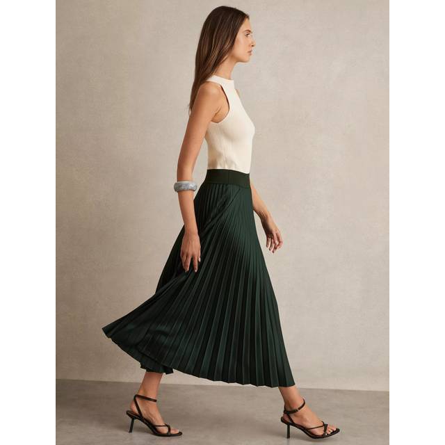 Reiss Seren Pleated Midi Skirt, Dark Green