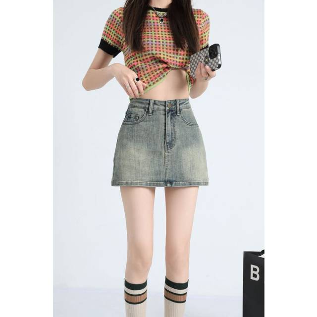 (Nostalgic Blue, M) Retro Hot Girl Denim Skirt For Women In Spring And Summer Small Person With High Waist Slim And Anti-exposure A-line Hip Skirt