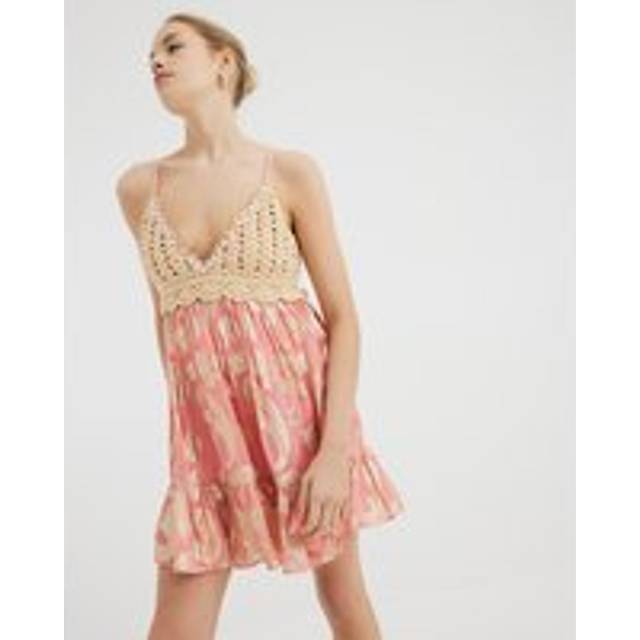River Island Womens Pink Crochet Mix Printed Mini Beach Dress - XS