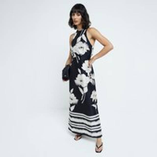 River Island Womens Black Satin Floral Twist Slip Maxi Dress - 6