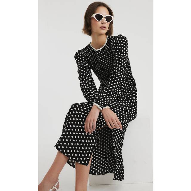 River Island Womens Black Long Sleeve Shirred Spot Midi Dress - 16