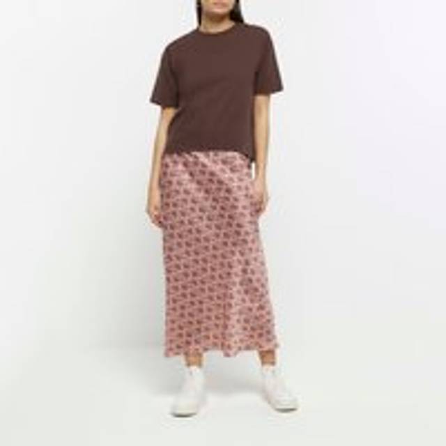 River Island Womens Pink Abstract Print Satin Maxi Skirt - 16