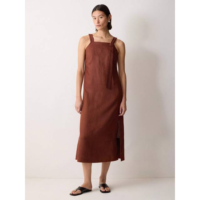 Jigsaw Linen Sleeveless Square Neck Midi Dress, Brown