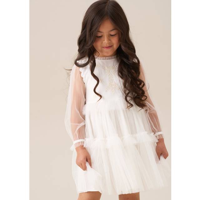 Angel & Rocket Kids' Long Sleeved Tiered Mesh Dress, Ivory
