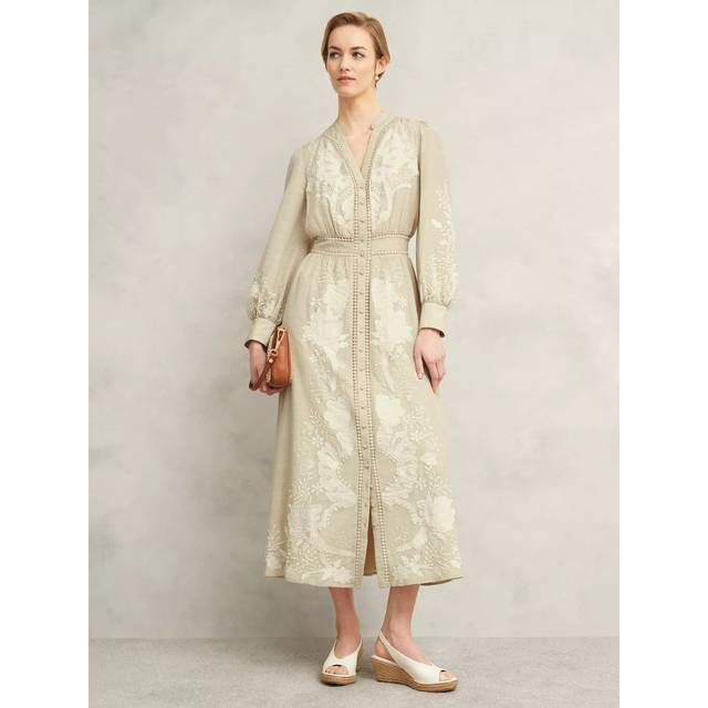 Hobbs Frida Embroidered Dress, Beige