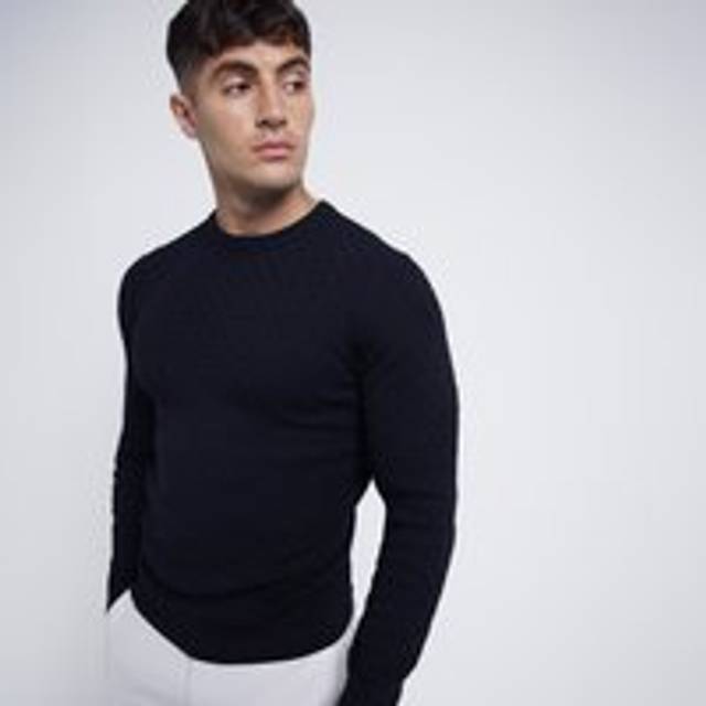 Mens River Island Black Muscle Fit Cable Knitted Jumper