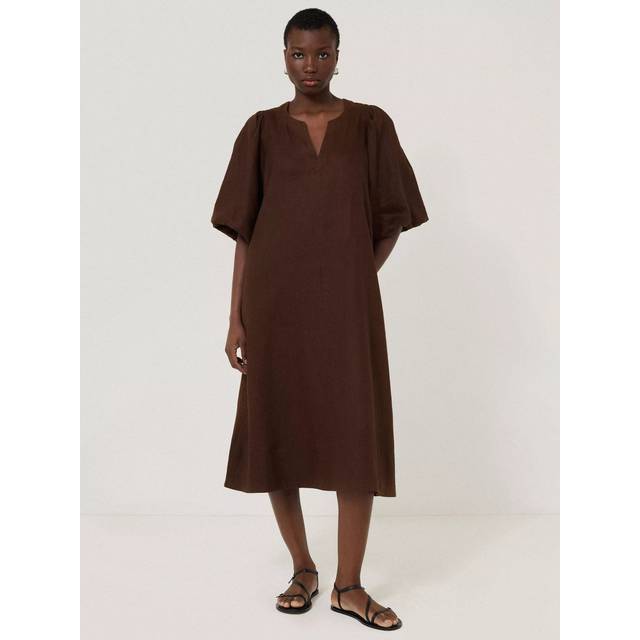 Jigsaw Puff Sleeve Pure Linen Midi Dress, Brown