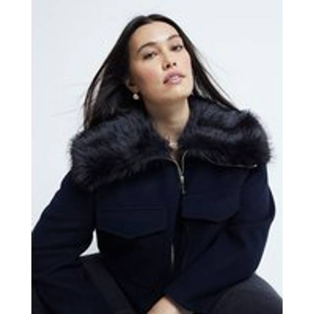 River Island Womens Plus Navy Faux Fur Collar Crop Jacket - 24