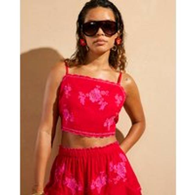 River Island Womens Red Del Maar Floral Embroidered Beach Top - S