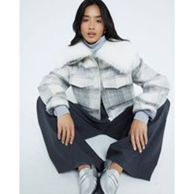 River Island Womens Petite Grey Check Faux Fur Collar Crop Jacket - 14