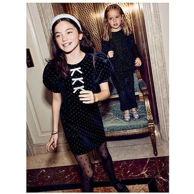River Island Girls Velvet Pin Dot Bow Shift Dress - Black, Black, Size Age: 7-8 Years - age: 7-8 YEARS