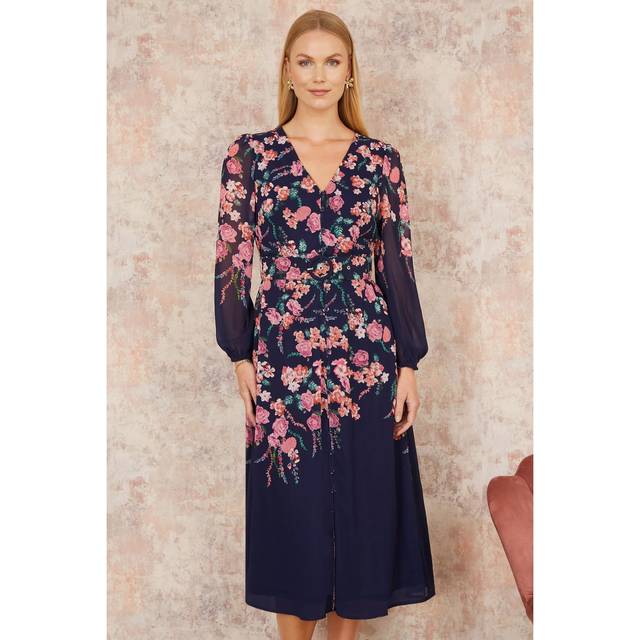 Navy Button Up Midi Dress With Floral Placement And Long Sleeves - 14