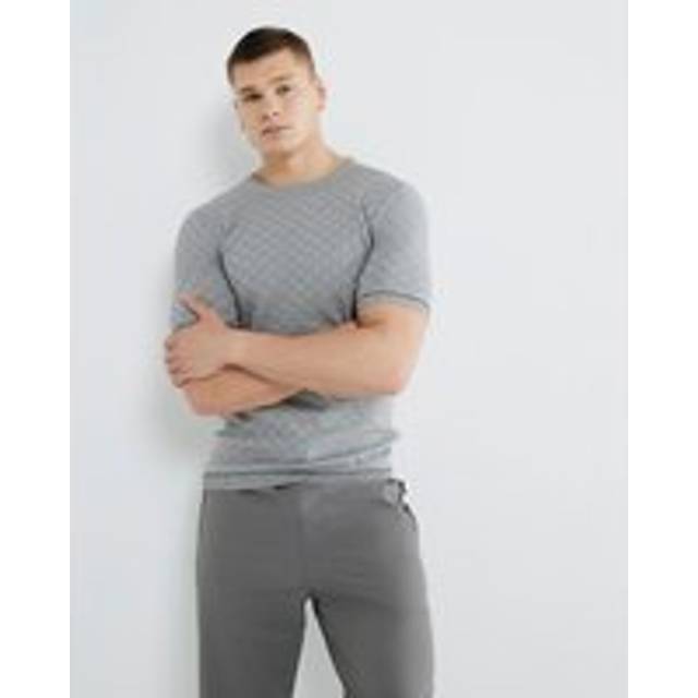 Mens River Island Grey Muscle Fit Checkerboard T-Shirt