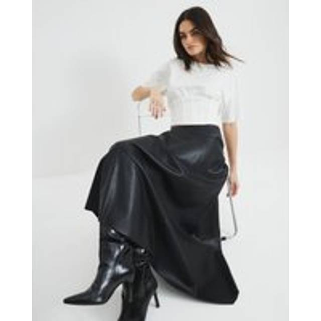 River Island Womens Black Faux Leather Asymmetric Hem Midi Skirt - 14