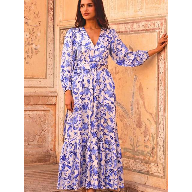 Aspiga Annie Hammered Satin Maxi Dress, Cream/Blue