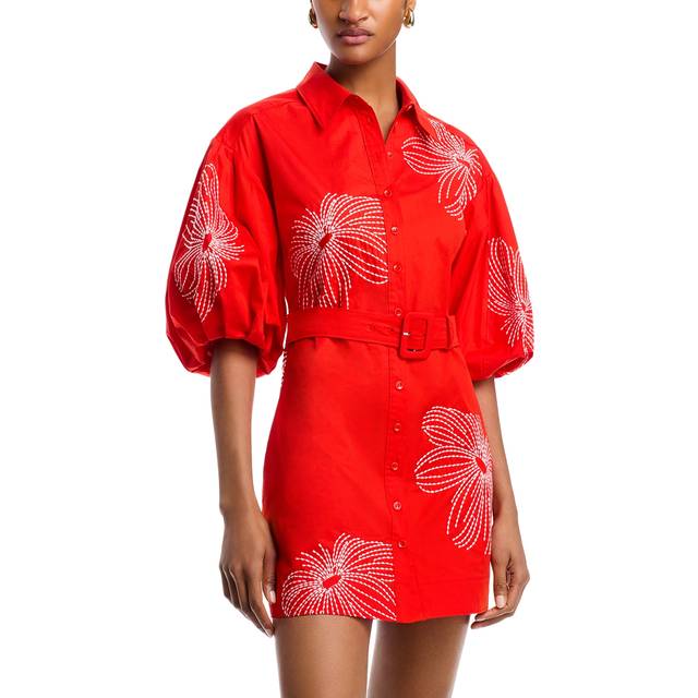 Rhea Sunburst Puff-Sleeve Mini Dress - CHERRY TOMATO/W - 10