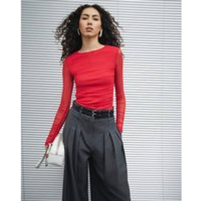 River Island Womens Red Long Sleeve Ruched Side Mesh Top