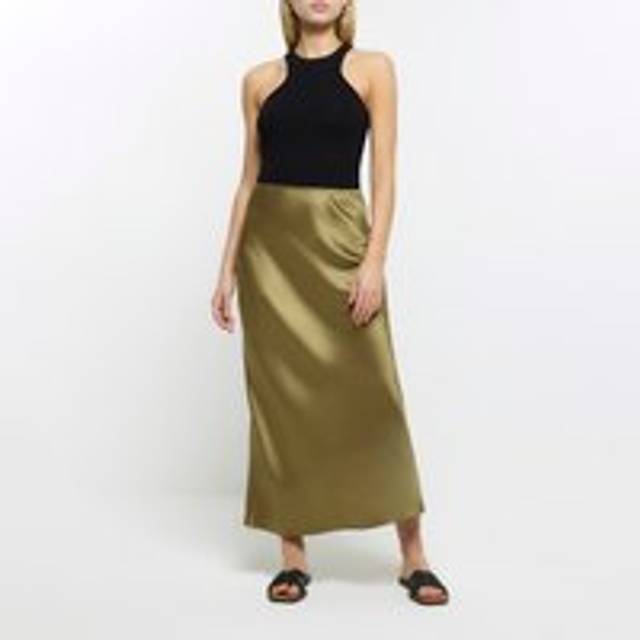 River Island Womens Khaki Satin Maxi Skirt - 14
