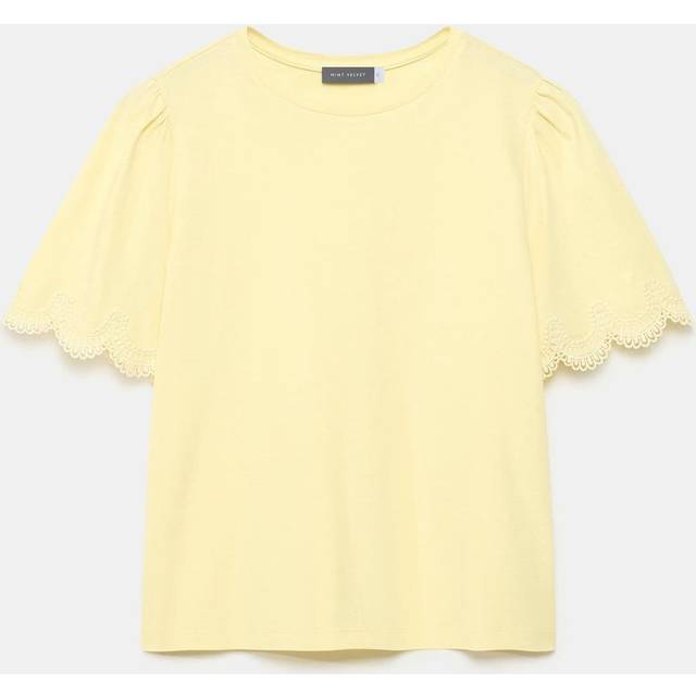 Mint Velvet Cotton Scalloped Lace Trim T-Shirt, Yellow/Multi
