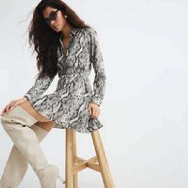 River Island Womens Grey Long Sleeve Snake Print Mini Shirt Dress - 14
