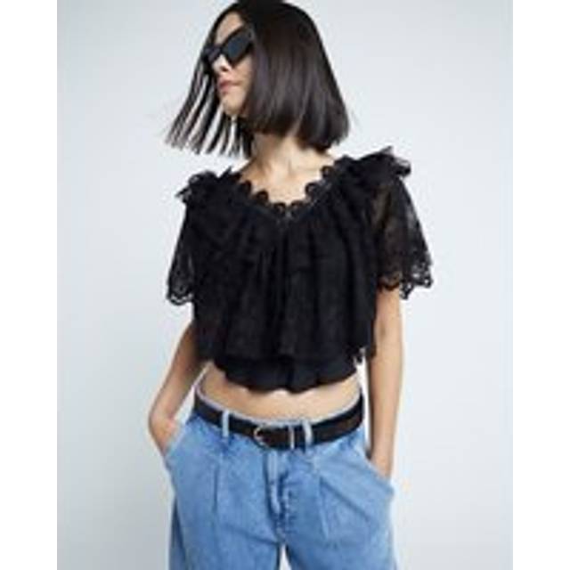 River Island Womens Black Short Sleeve Lace Bardot Crop Top - 8