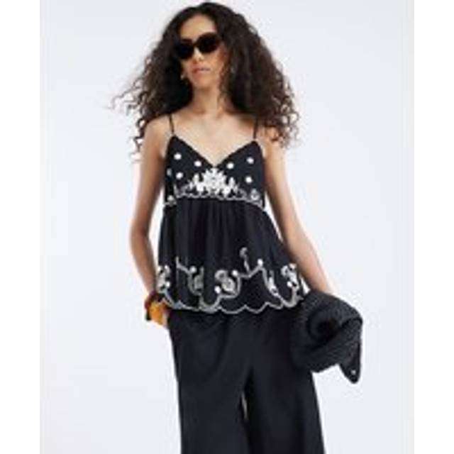 River Island Womens Black Sleeveless Peplum Embroidered Cami Top - 14