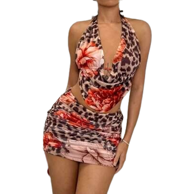 SHEIN Summer Beach Vacation Leopard Flower Pattern Print Swing Collar Top Suit Skirt Suit, Suitable For Daily Dating, Night Out, Nightclub, Party, Party, Co