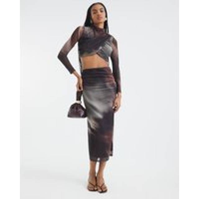 River Island Womens Brown Long Sleeve Mesh Crop Top And Skirt Set