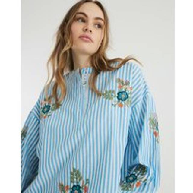 River Island Womens Blue Long Sleeve Floral Stripe Mix Shirt - 12