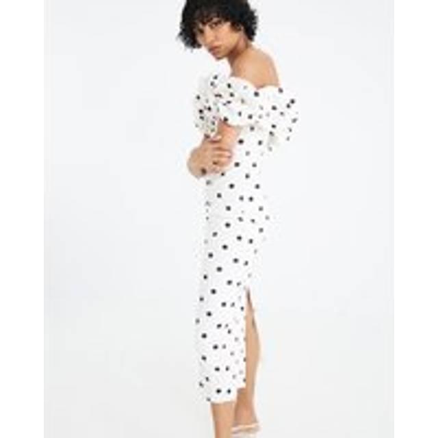 River Island Womens Cream Polka Dot Ruffle Bardot Midi Dress - S