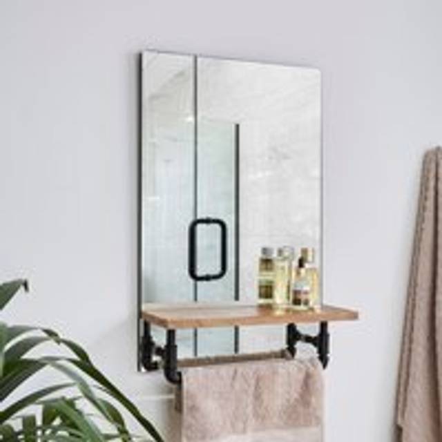 Cromford Rectangle Wall Mirror with Wooden Shelf - Black