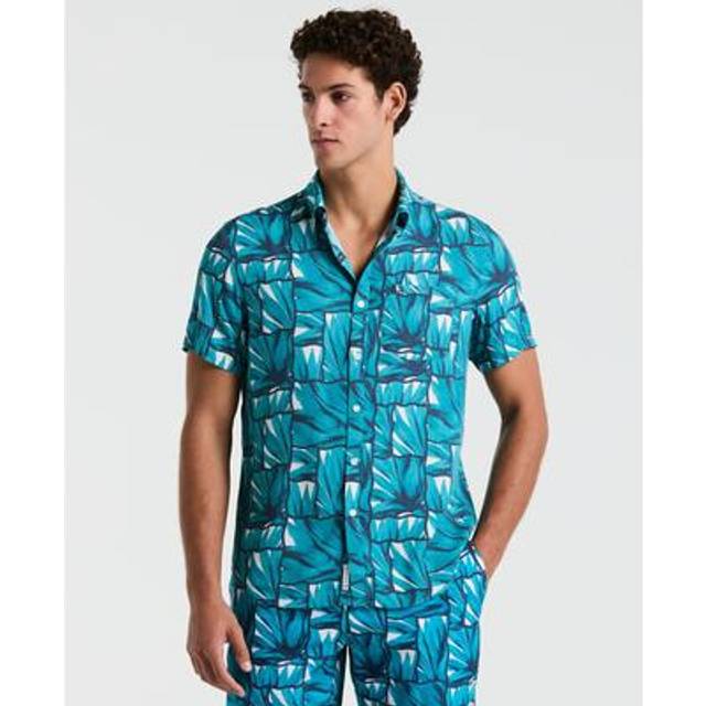Original Penguin Men's EcoVeroâ¢ Agave Tiles Print Short Sleeves Shirt in Exotic Plume Blue, Size Small (S)
