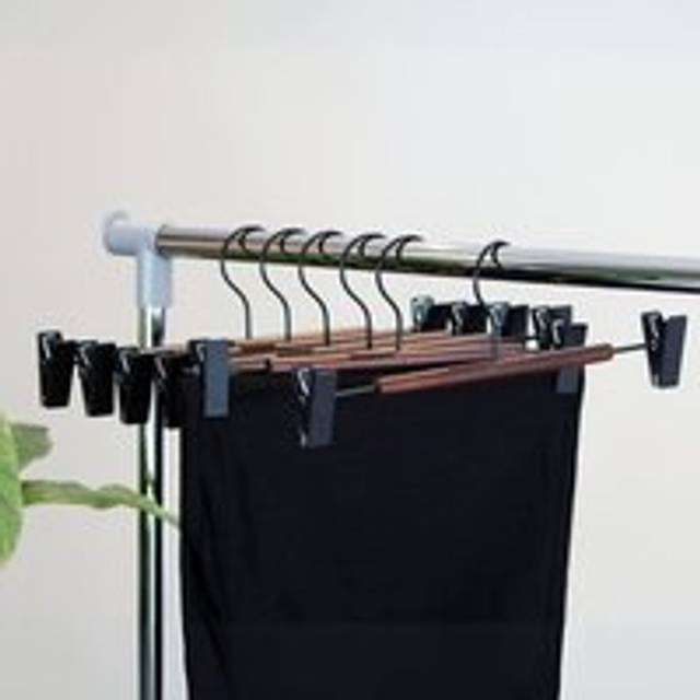 Set of 6 Wooden Bar Clip Trouser Hangers - Black