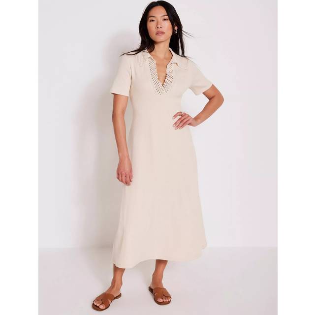 Mint Velvet Crochet Collar Midi Dress, Natural