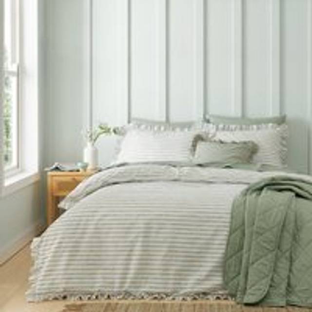Laylah Frilled Stripe Duvet Cover & Pillowcase Set - Soft Olive