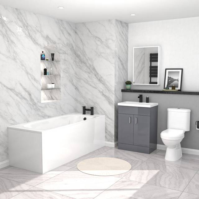 Nes Home 1700mm Bath, 600 mm Grey Vanity Basin Cabinet & Close Coupled Toilet