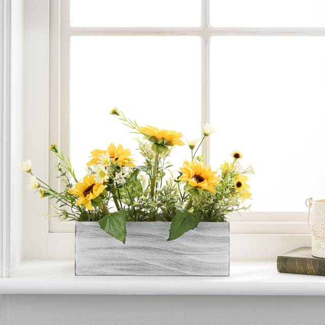 Artificial Sunflower Bouquet in Wooden Plant Pot - Yellow