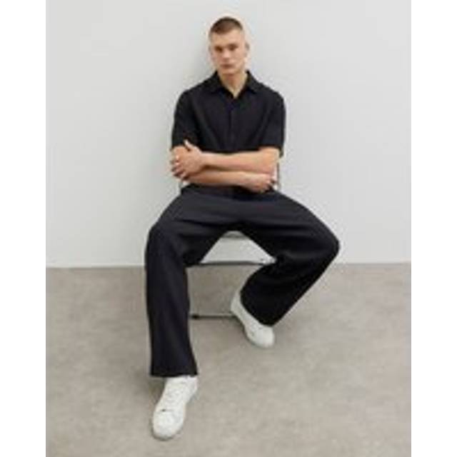 Mens River Island Black Plisse Wide Leg Joggers - S