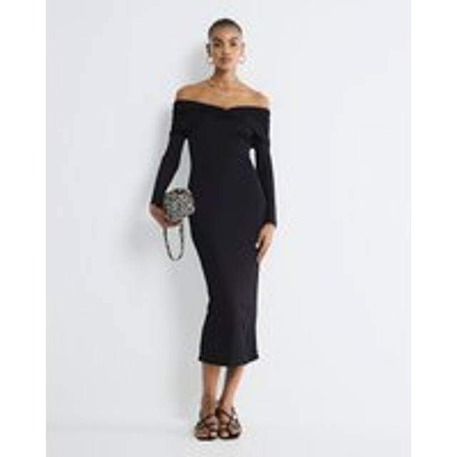 River Island Womens Black Long Sleeve Twist Bardot Midi Dress