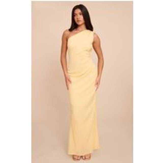 Lemon Textured One Shoulder Ruched Maxi Dress, Lemon - 4