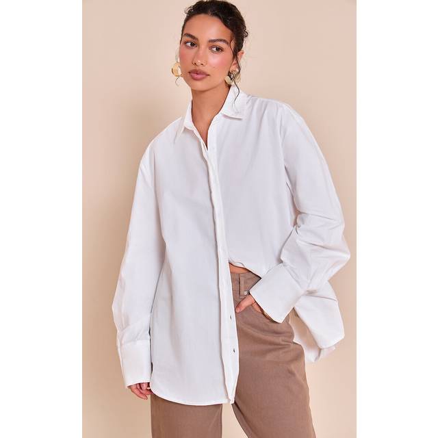 White Cotton Oversized Cuff Shirt, White - 12