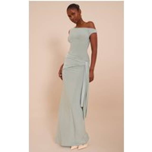 Sage Slinky Off Shoulder Wrap Detail Maxi Dress, Sage - 4