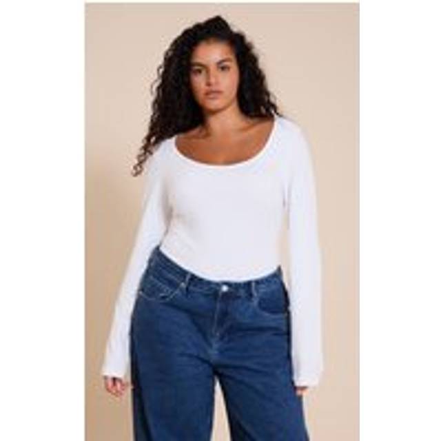 Plus White Soft Cotton Scoop Neck Long Sleeve Bodysuit, White - 24