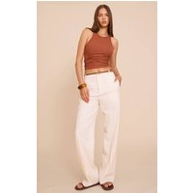 Cream Tailored Thick Belted Waistband Detail Wide Leg Trousers, White - 8
