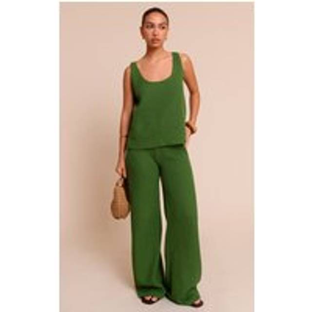 Olive Textured Waffle Mid Rise Wide Leg Trousers, Green - 6